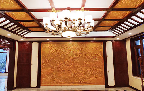 南圣镇中式别墅客厅中式木作横梁吊顶装饰展示